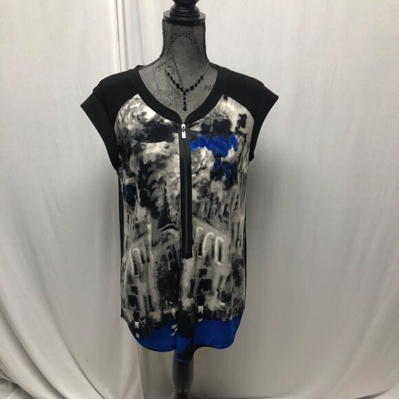 Picadilly Cap Sleeve Top Womens Size Large Partial Zip Stretchy Comfy Shirt - Picture 1 of 6